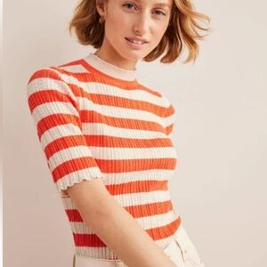 Boden Ribbed Pointelle Striped Stretch-Knit Short Sleeve Top XS